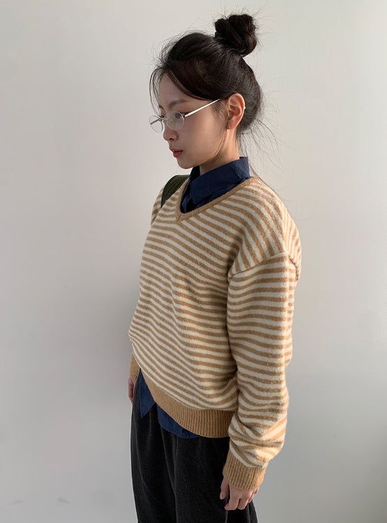 Ttet Stripe Wool V-Neck Knit