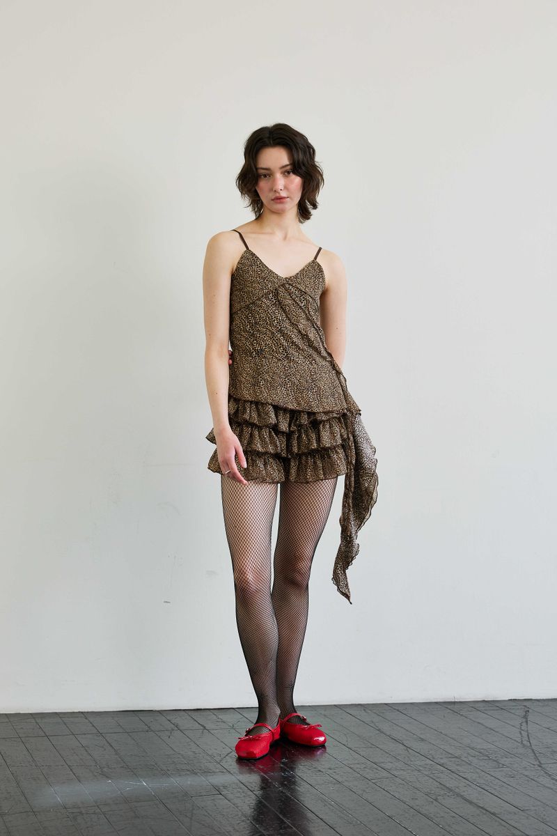 LEOPARD FRILL SLEEVELESS TOP / BROWN
