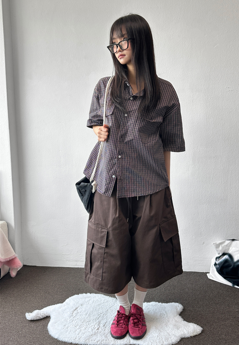 Cake Check Button Collar Short Sleeve Shirt 2 COLORS