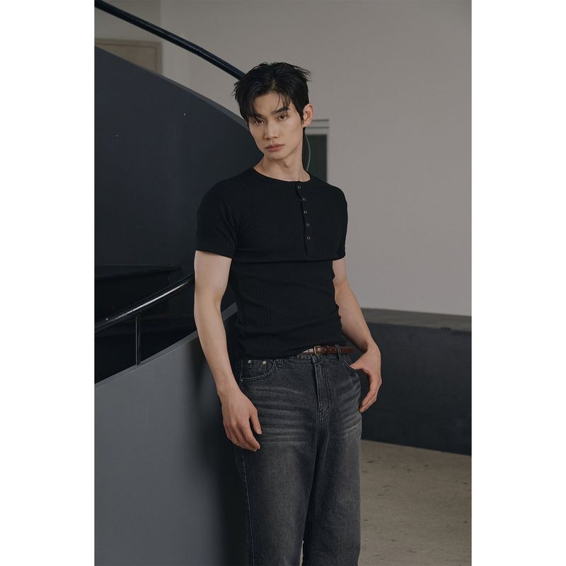 High ribbed henry neck half sleeves(Black)