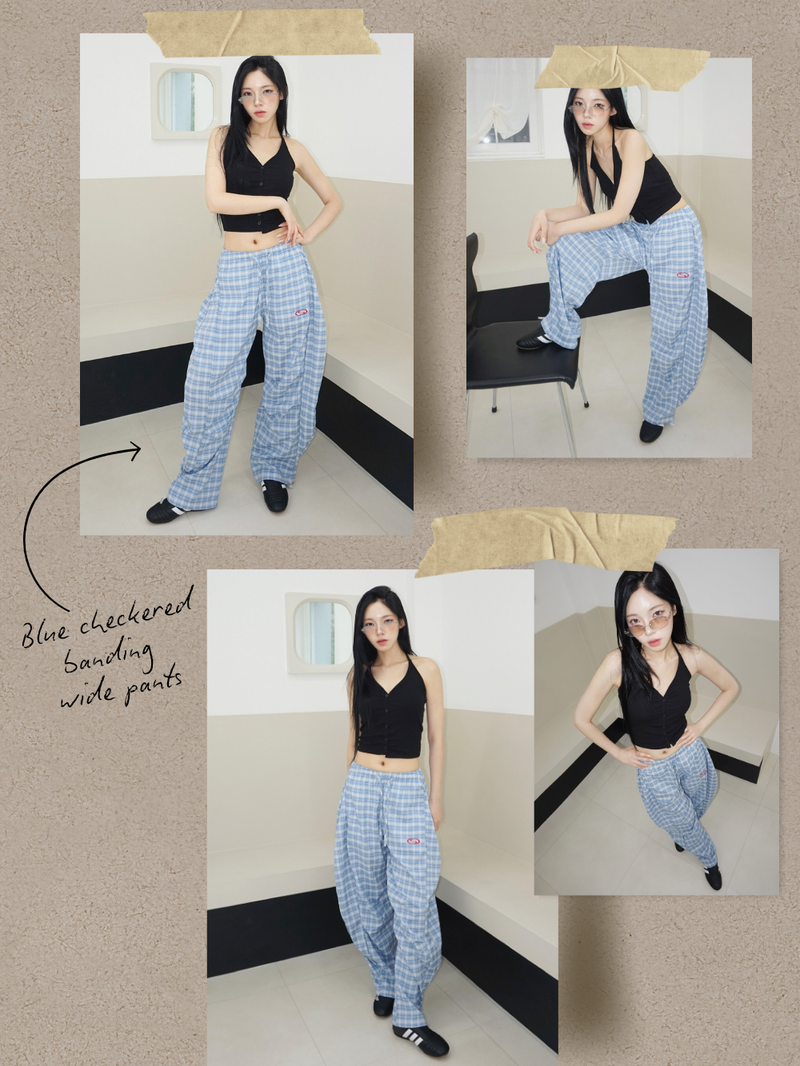 Blue checkered banding wide pants