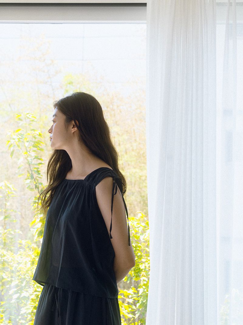 Strap Shirring Blouse - Charcoal