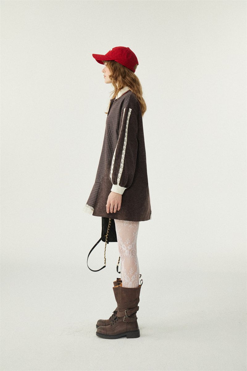 Lace Patchwork Check Sweatshirt Dress