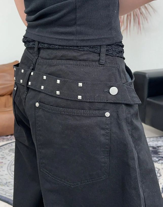 Pale studded strap pants