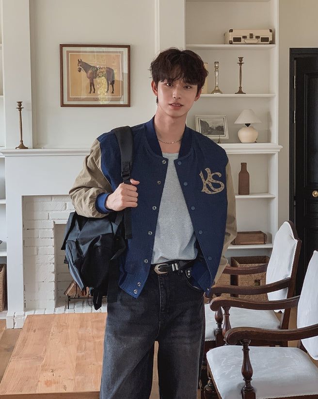Barent Denim Color Matching Varsity Jacket