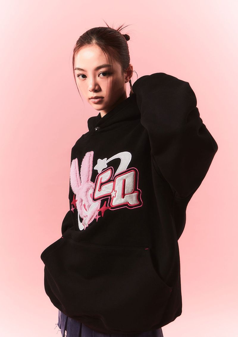 fur bunny planet hoody - black