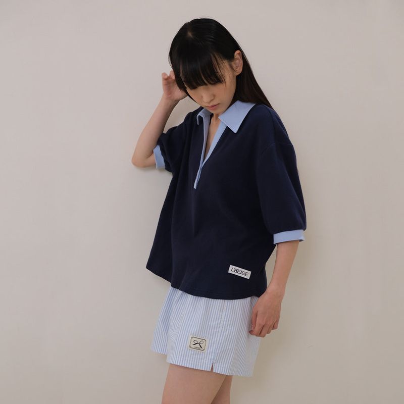 Navy Half Open Collar Tee