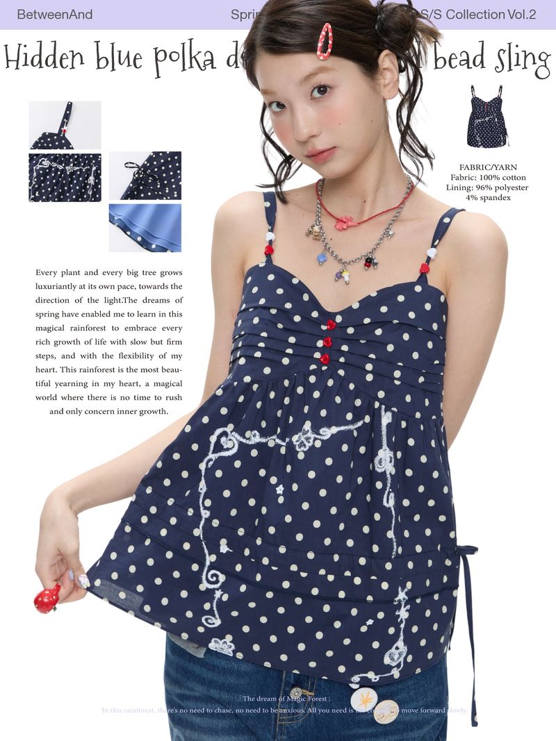 BETWEENAND「Lake Shore Letters」 Summer navy blue polka-dot heart-shaped beaded tank top that can be worn over other shirts