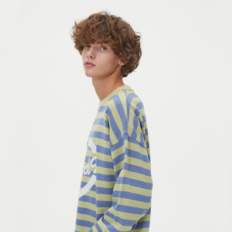 STRIPE HEART ROUND NECK KNIT_GREEN