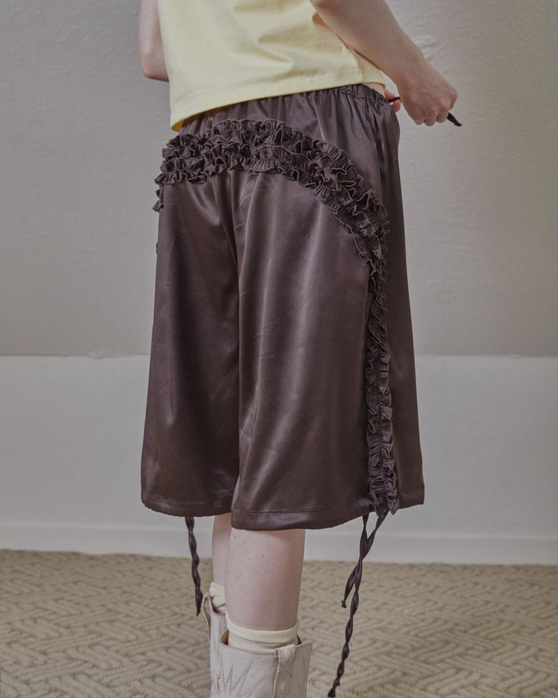 satin ruffle track pants / brown