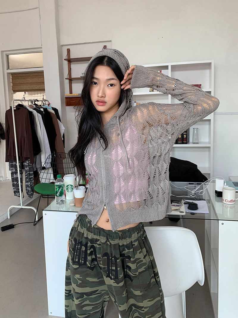 NET SEE-THROUGH KNIT HOOD ZIP-UP