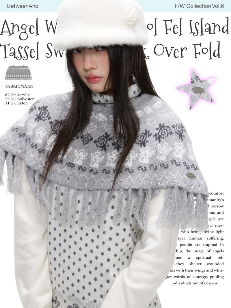 BETWEENAND "Narrative Diary" Fashionable Fel Island Jacquard Tassel Knitted Camry Shoulder Cloak, Overpass