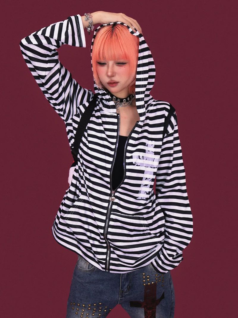 cross striped loose hood zip-up