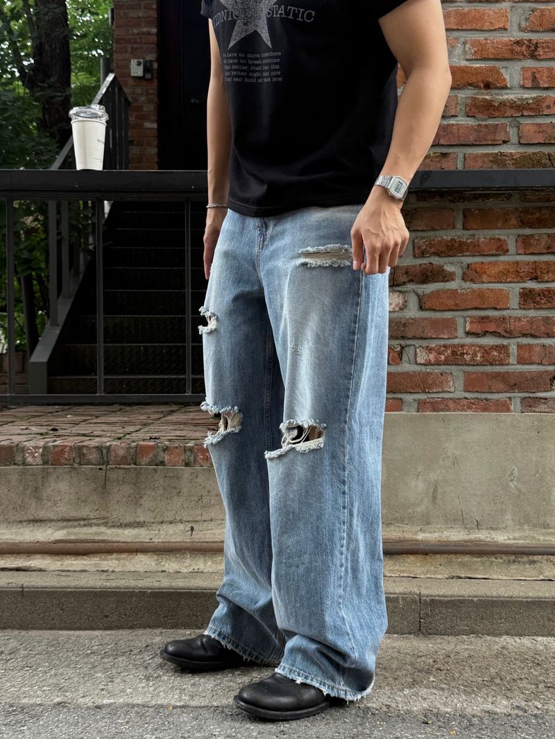 Vintage slab wide snap denim pants