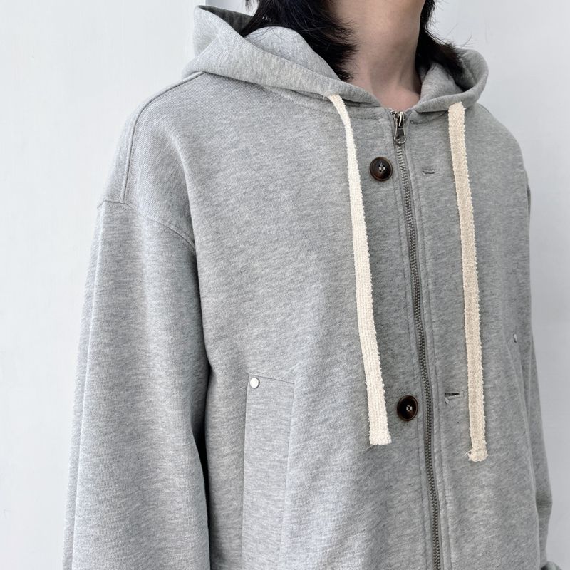 Button Detail Thick Drawstring Zip Hoodie