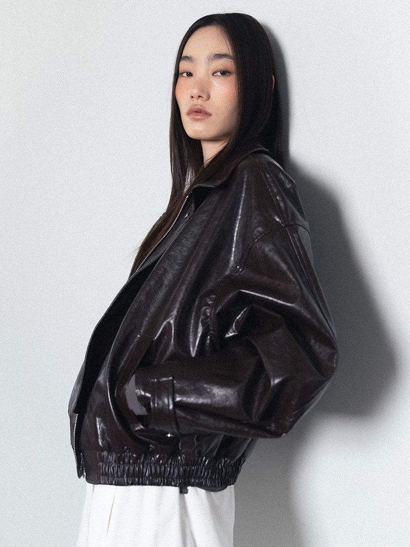 Glossy Leather Bomber Jacket_Brown