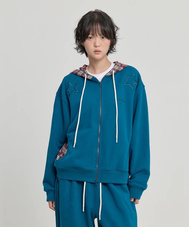 チェックステロイドブロイダリーフーディジップアップ