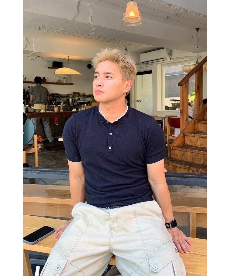 sobaq（ソバック）の「Layered Henley Neck Muscle Fit Short Sleeve Knit（Tops）」