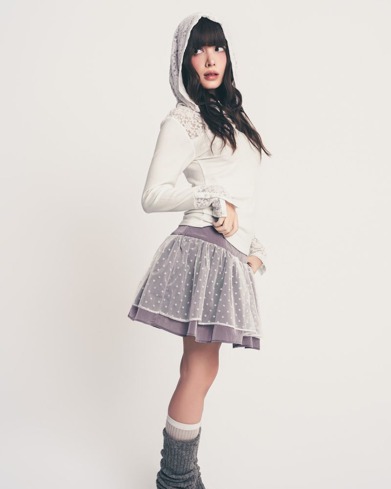 button lace hoodie top long ver. / white