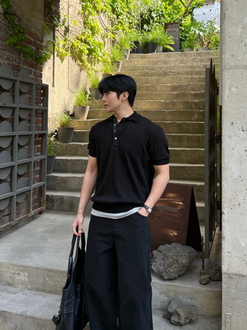Texture collar knitwear short-sleeve