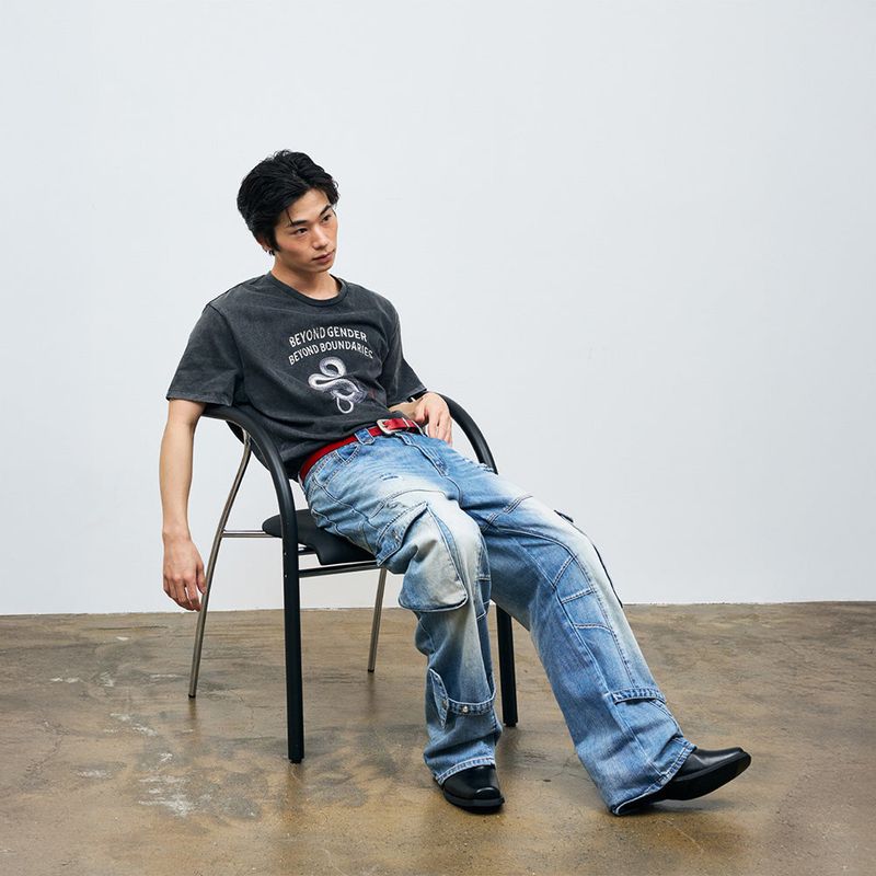 Washed Cargo Denim Detail Pants