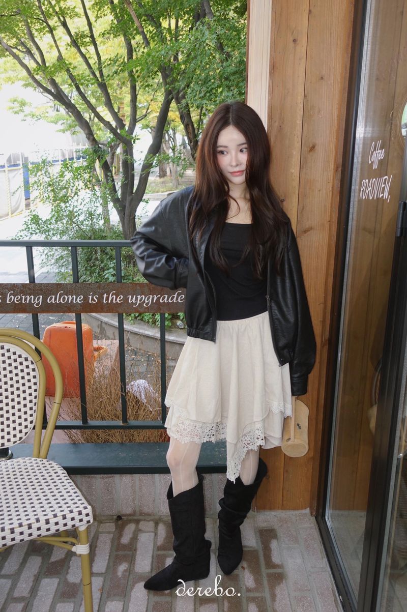 Deep cotton lace unbalanced midi skirt