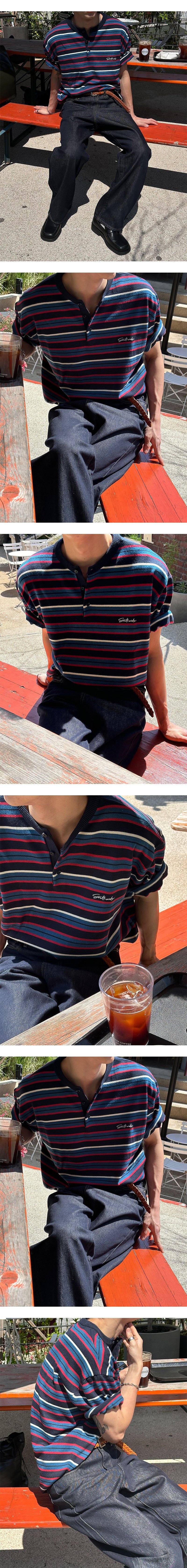 [S/S] Multi stripe henry neck half knit(3color)