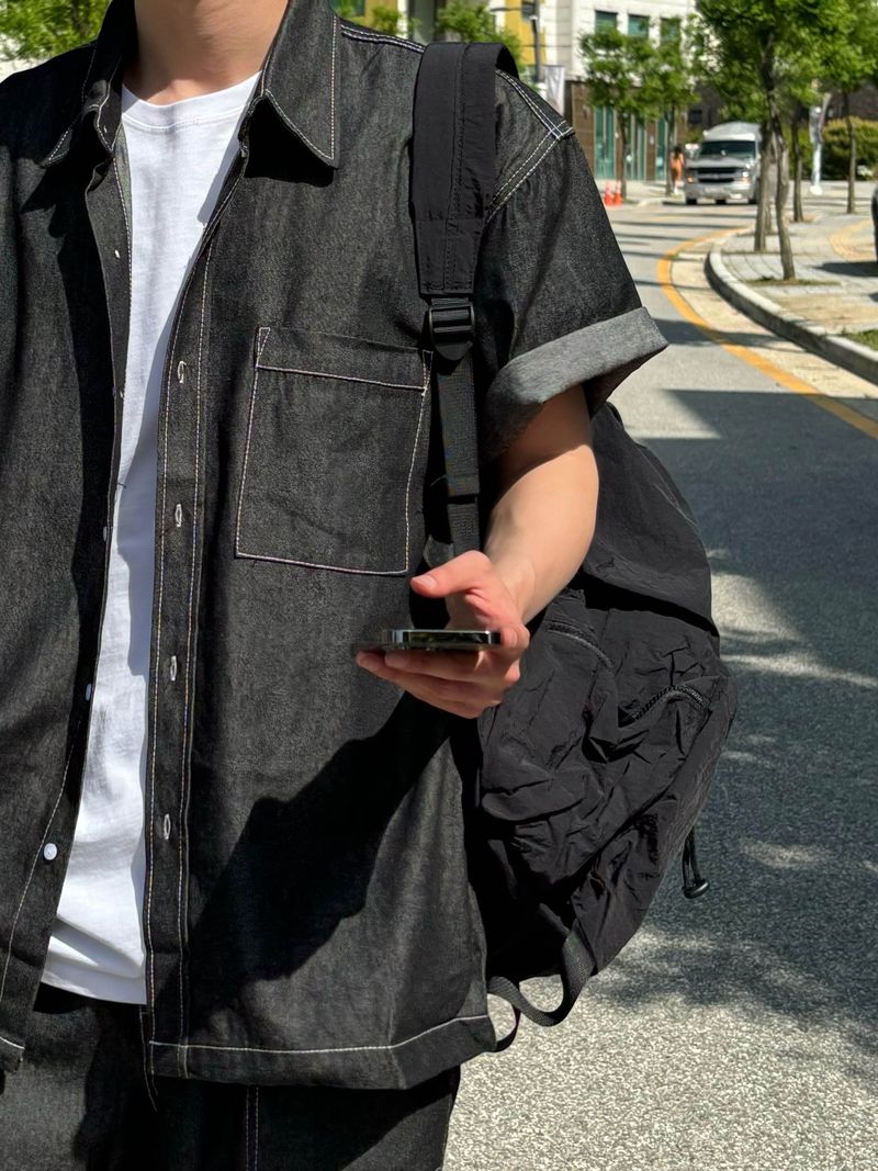 インディゴセットアップデニムショートスリーブシャツ