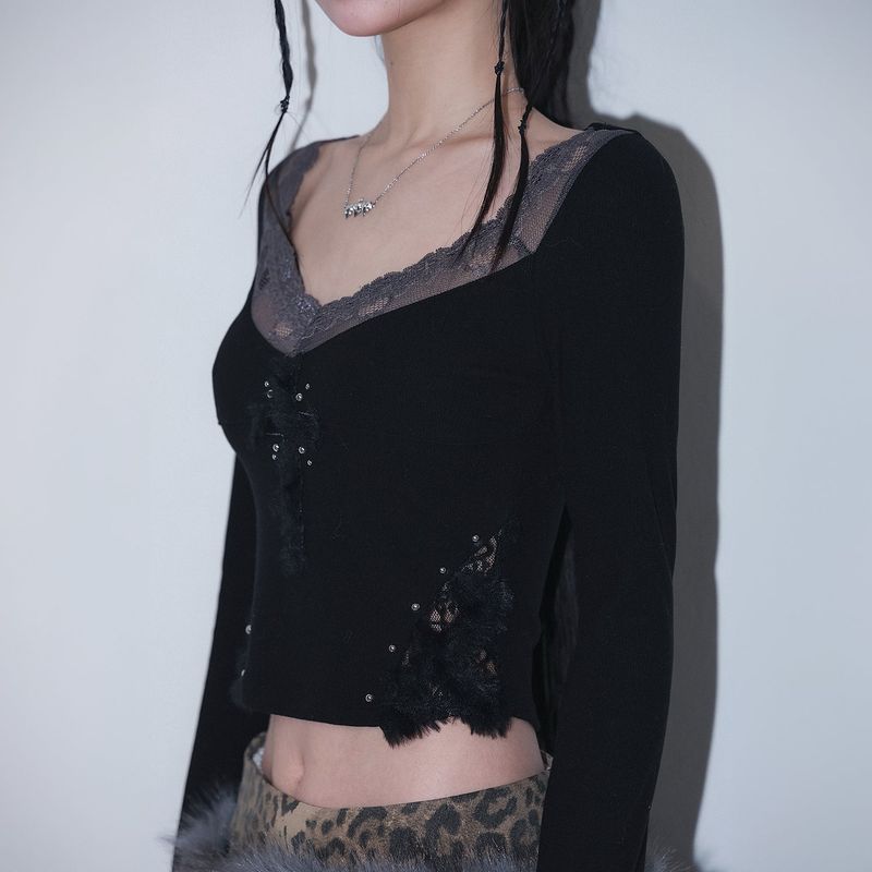 cross patch lace sleeve - black