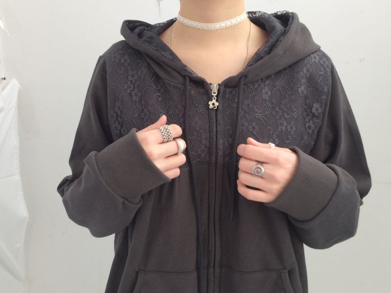 Flower Lace Half-Shirring Hooded Zip-Up