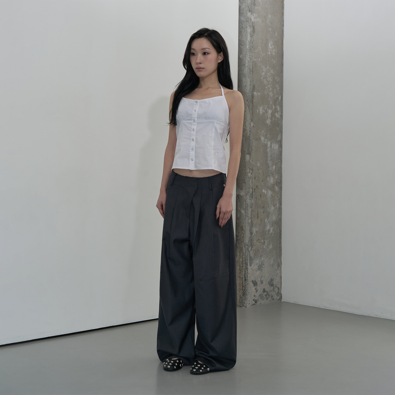 WAIST DETAIL TWO-TUCK WIDE SLACKS (GRAY)