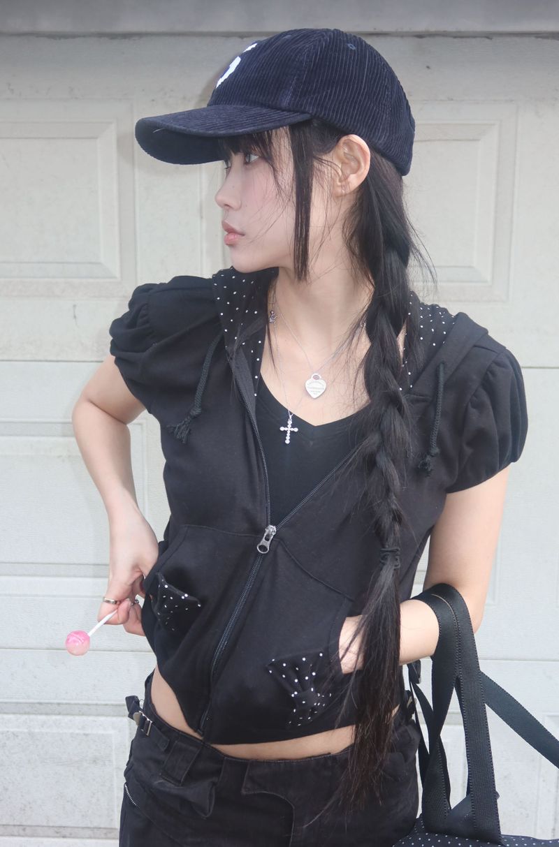  Puffed sleeve dot hoodie _ Black