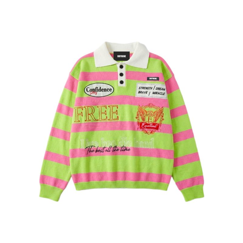 ROYNINE（ロイナイン）の「ピンク&イエローグリーンストライプカラーニット（トップス）」
