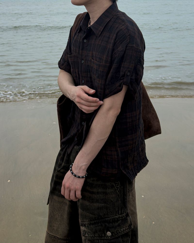 Embossed Texture Check Roll-Up Shirt