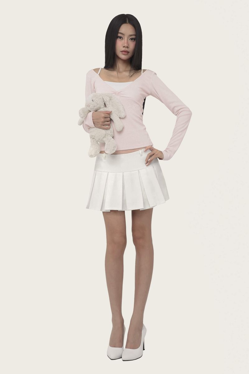 Hugging ribbon pleated skirt, White