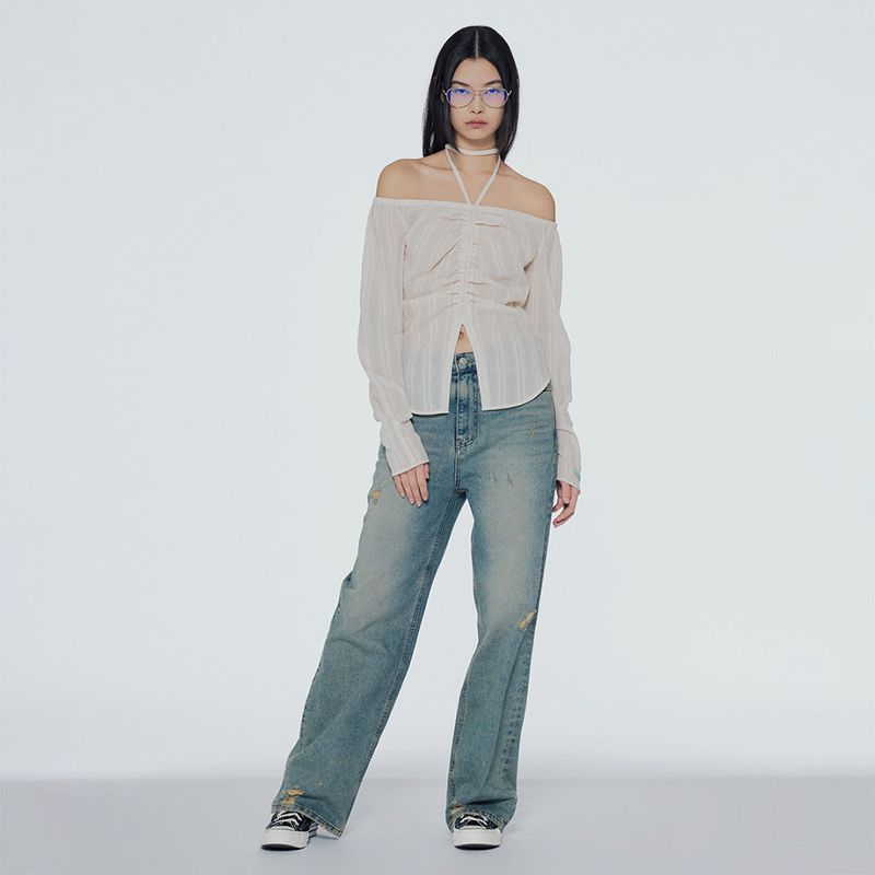 Off-the-shoulder shirred blouse