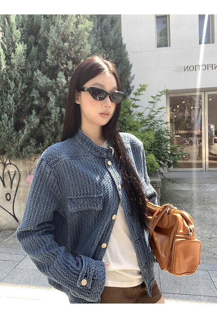 Blue casual gold button denim jacket