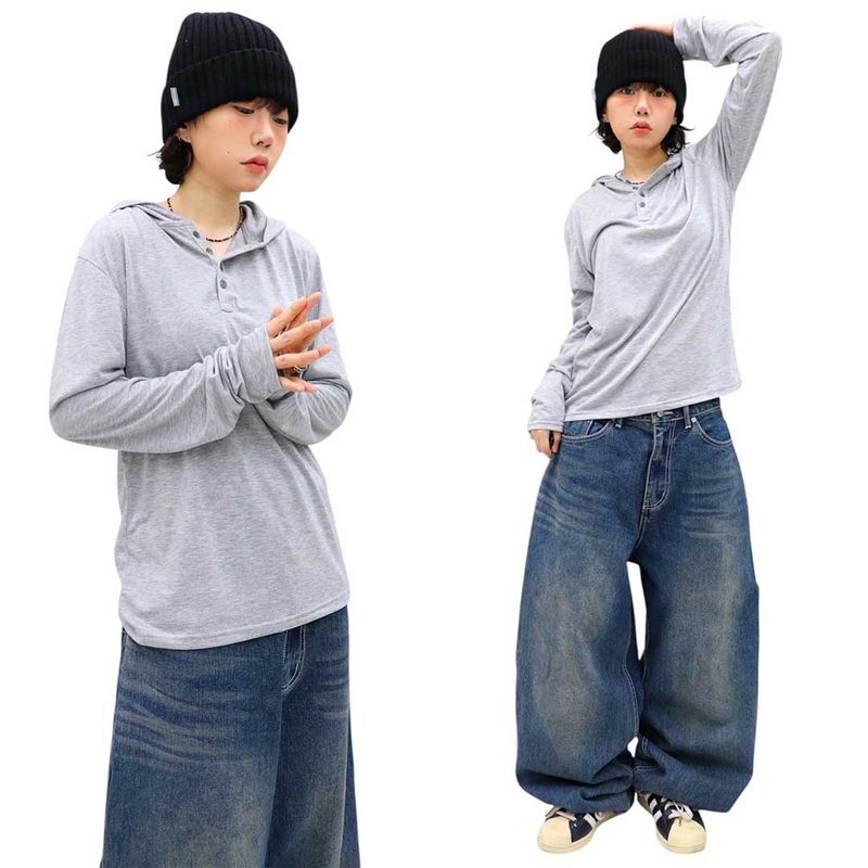 Basic Henley Neck Hooded Sleeve Long Sleeve Tee