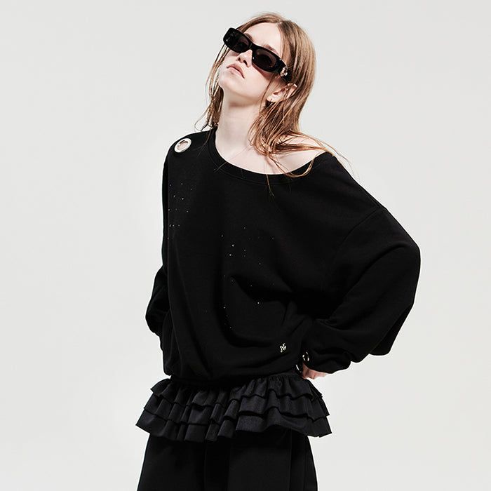 EYELET CUBIC OFF-SHOULDER SWEATSHIRT