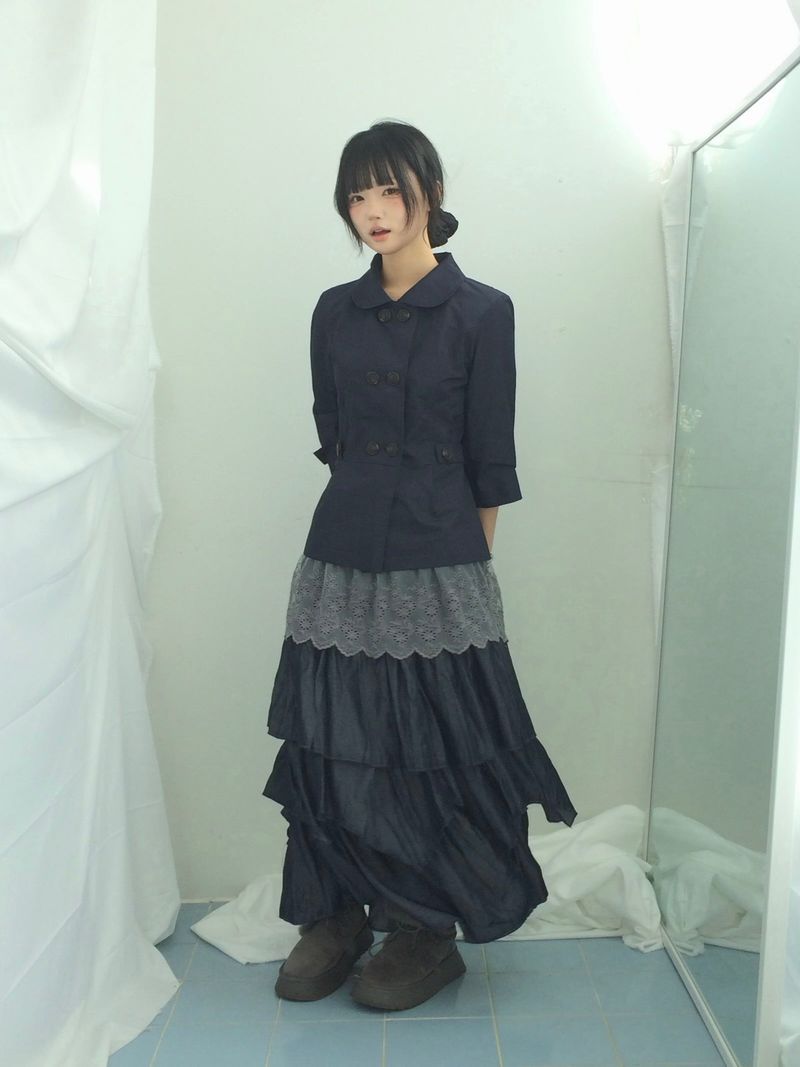 Diagonal Layer Shirring Long Skirt