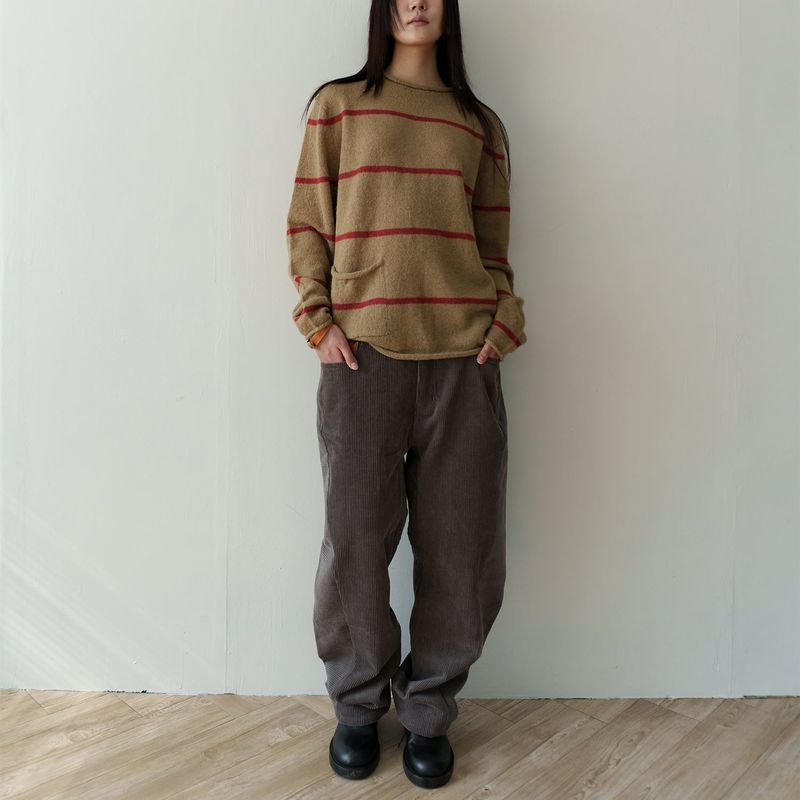 Roll-up stripe pocket knit / Beige