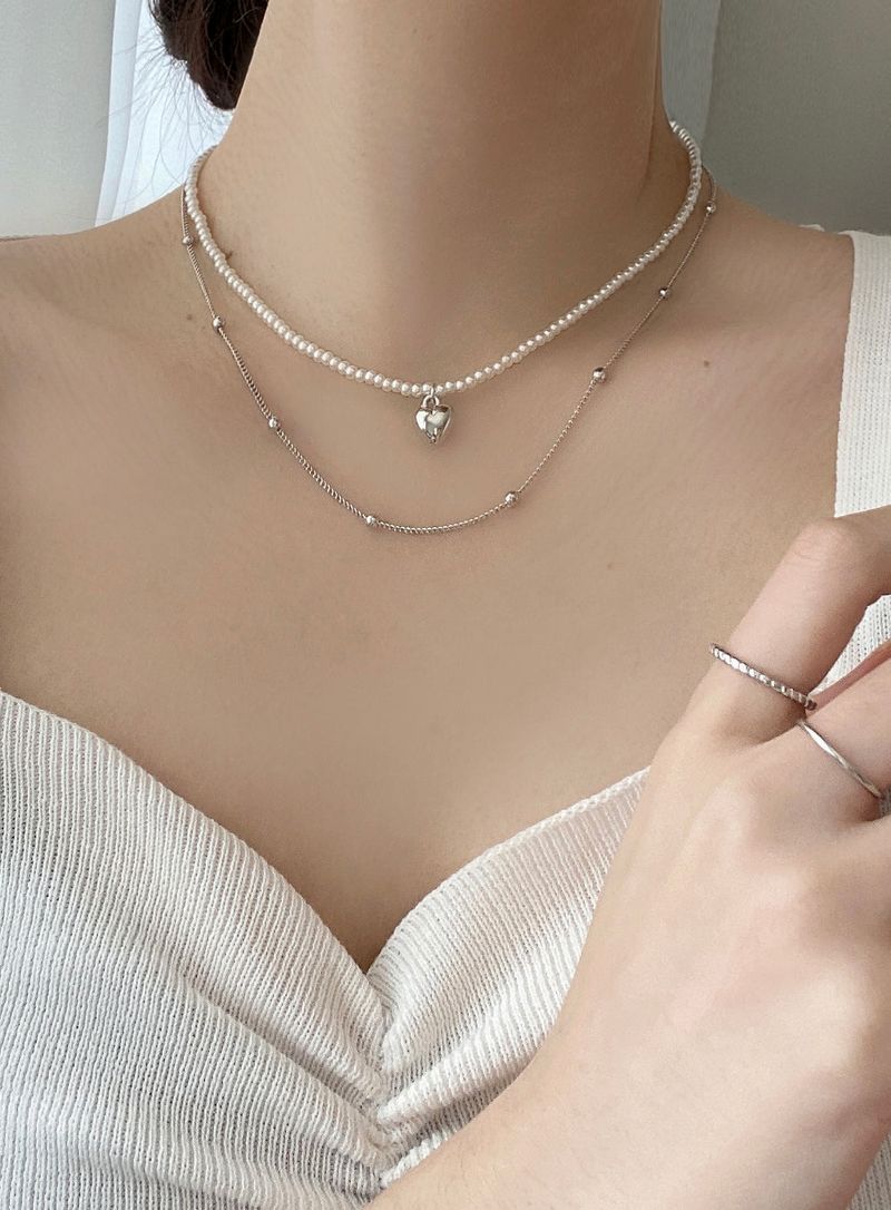 Rolling Heart Pearl Choker Necklace Set / 2 color