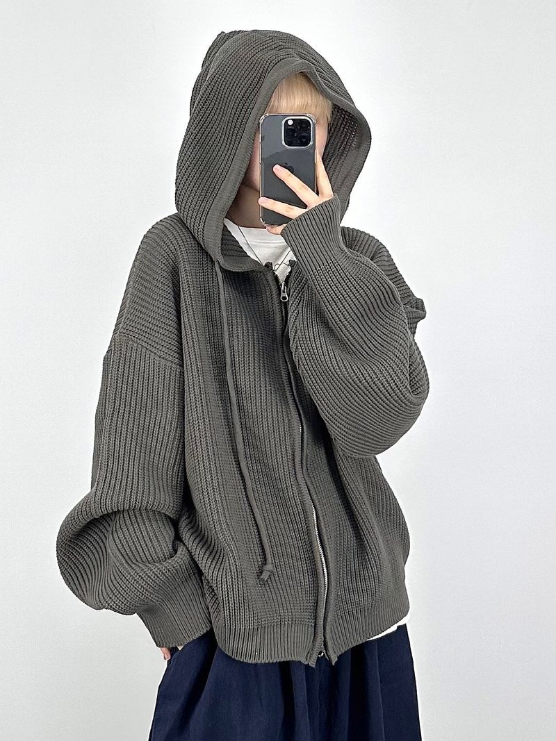 Warm hooded knit zip-up
