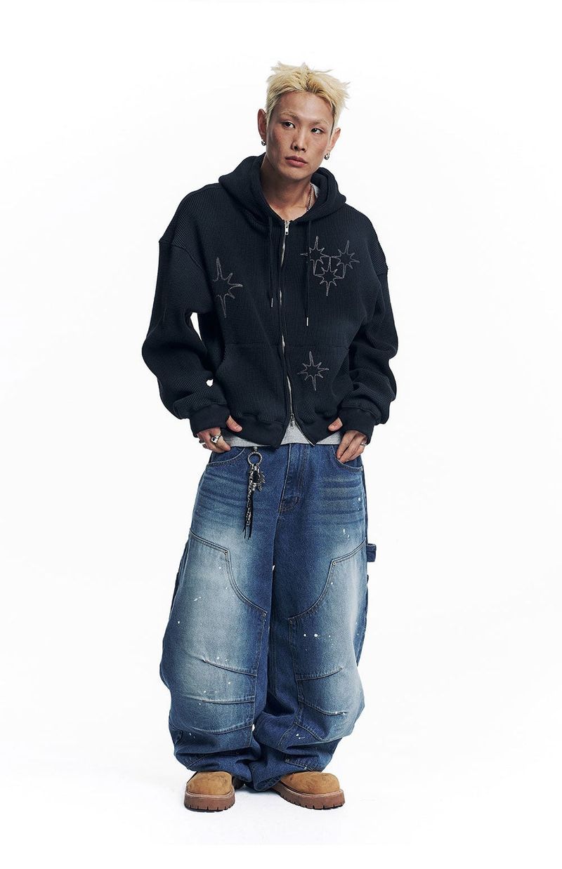 Curved Double Knee Denim Pants - Deep Blue
