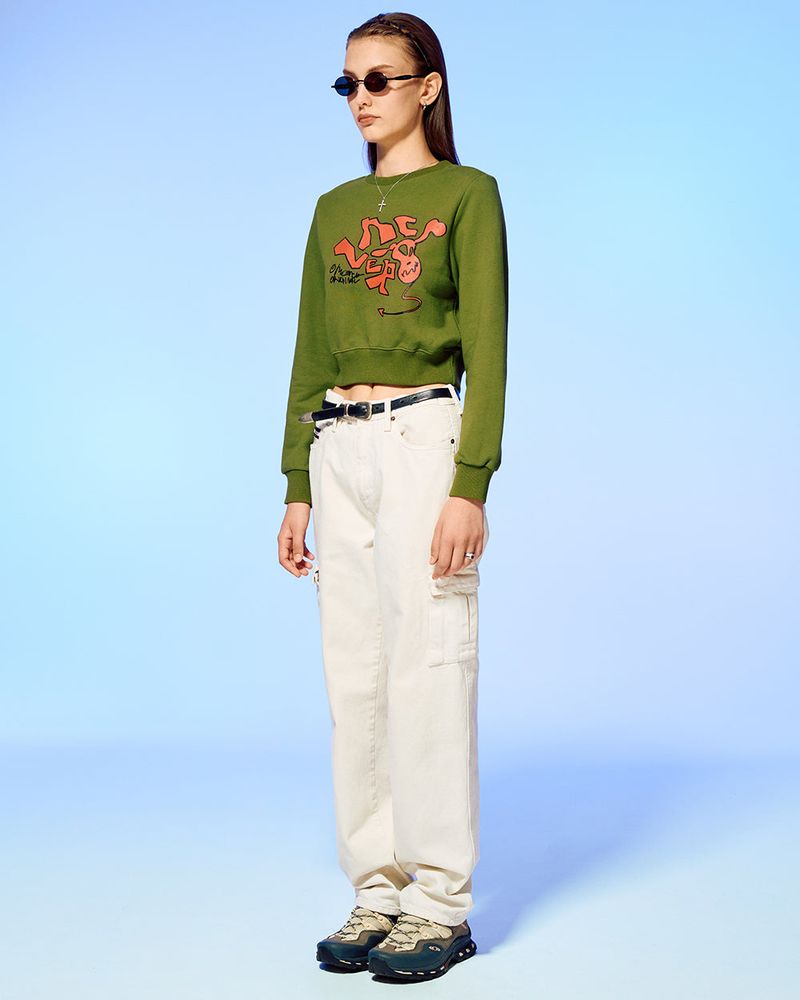 DEVIL HEAD LOGO CROP SWEATSHIRT-OLIVE