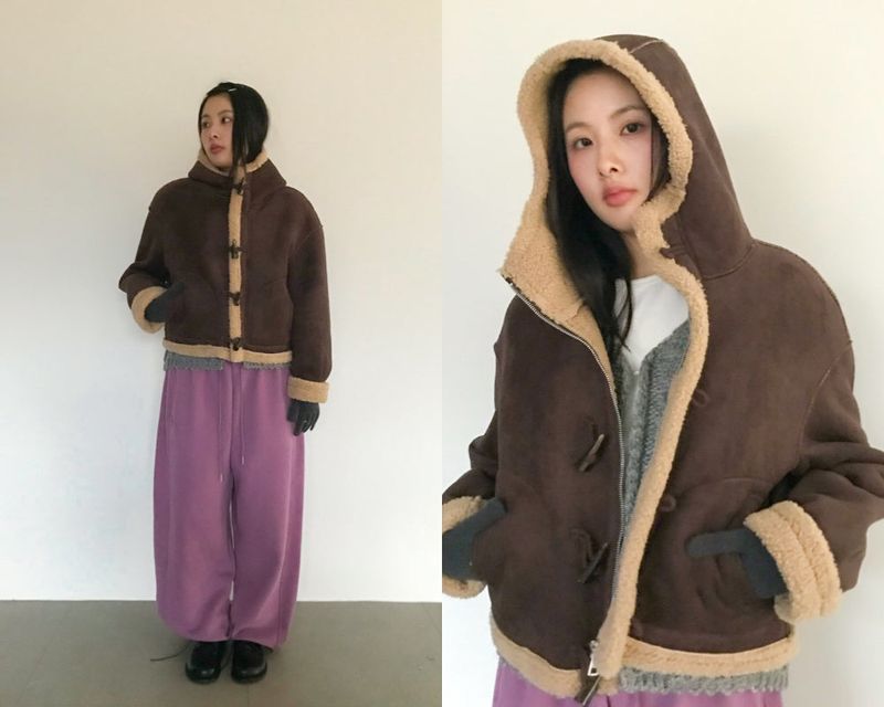 Femme Duffle Hooded Faux Shearling Jacket (2color)