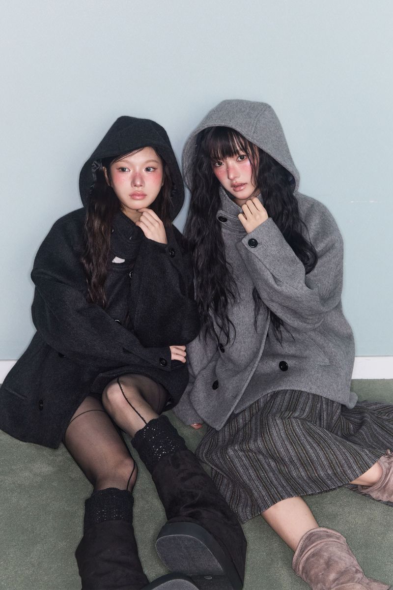HOODED DOUBLE HALF COAT CHARCOAL