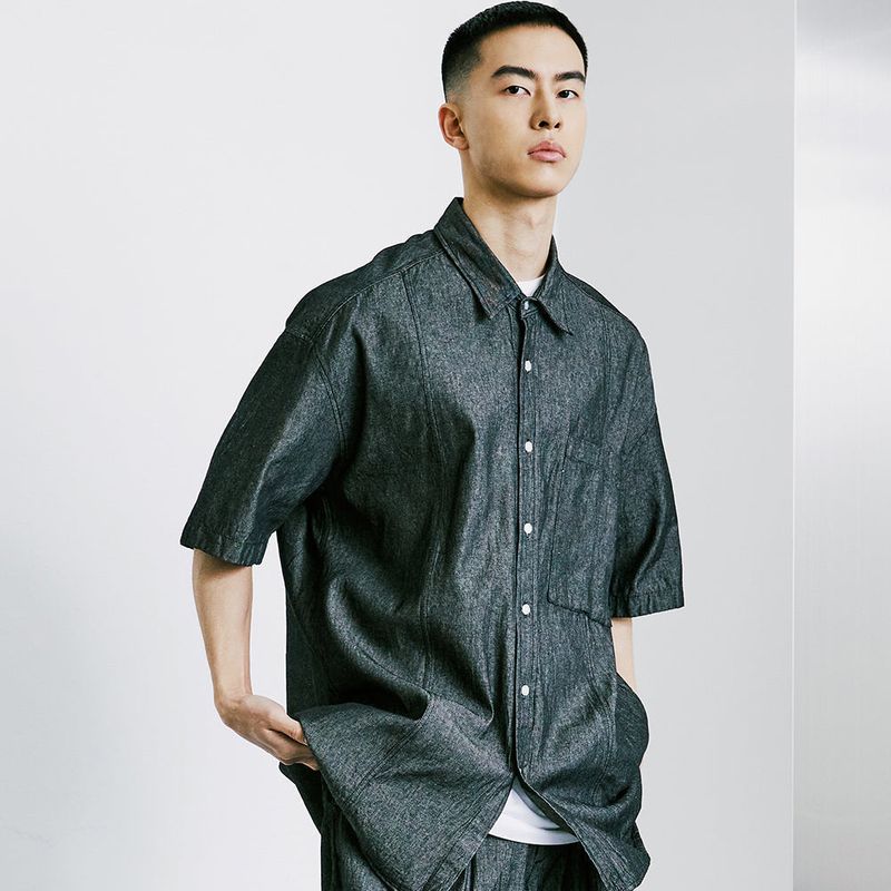FRONT SEAM WASHED DENIM SHIRT BLACK