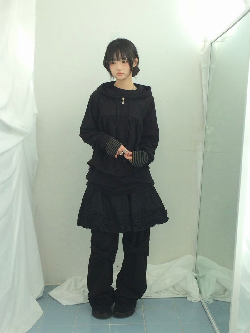 Flower Lace Half-Shirring Hooded Zip-Up