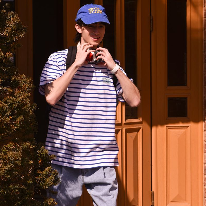 CONCEPT COLLEGE（コンセプトカレッジ）の「Mint Neck Blue Stripe Unisex T-shirt（Tops）」